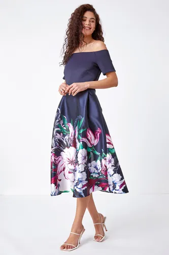 Roman Bardot Floral Fit & Flare Dress in Navy - Size 16 16 female