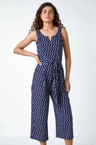 Roman Belted Wave Print Cropped Jumpsuit in Navy 18 female