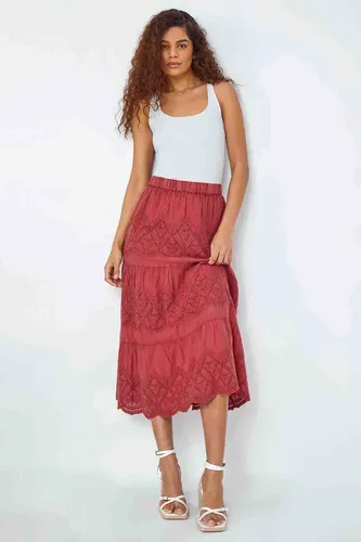 Roman Broderie Tiered Stretch Midi Skirt in Rust 16 female