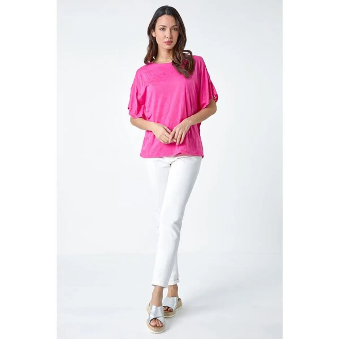Roman Burnout Tropical Leaf Overlay Top in Pink 18 female