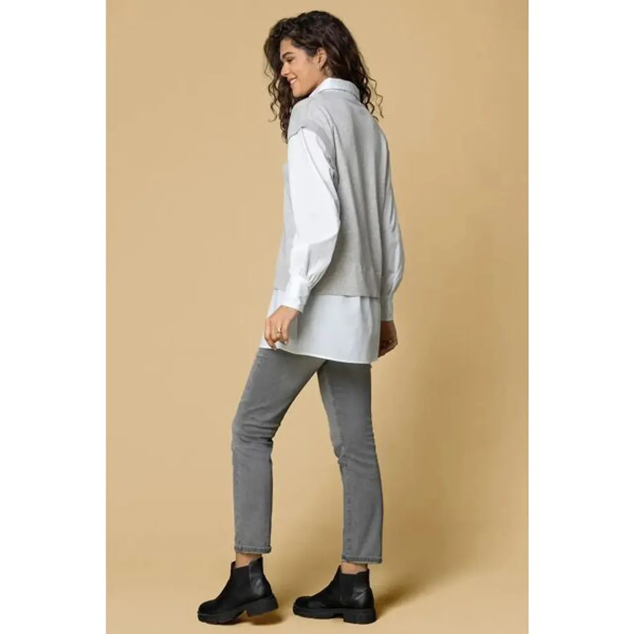 Roman Cable Knit Shirt Collar Longline Jumper in Grey S female