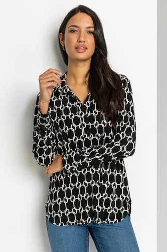 Roman Chain Print Long Sleeve Collared Jersey Blouse in Black female