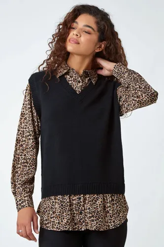 Roman Contrast Animal Trim Shirt Longline Jumper in Black 10 female