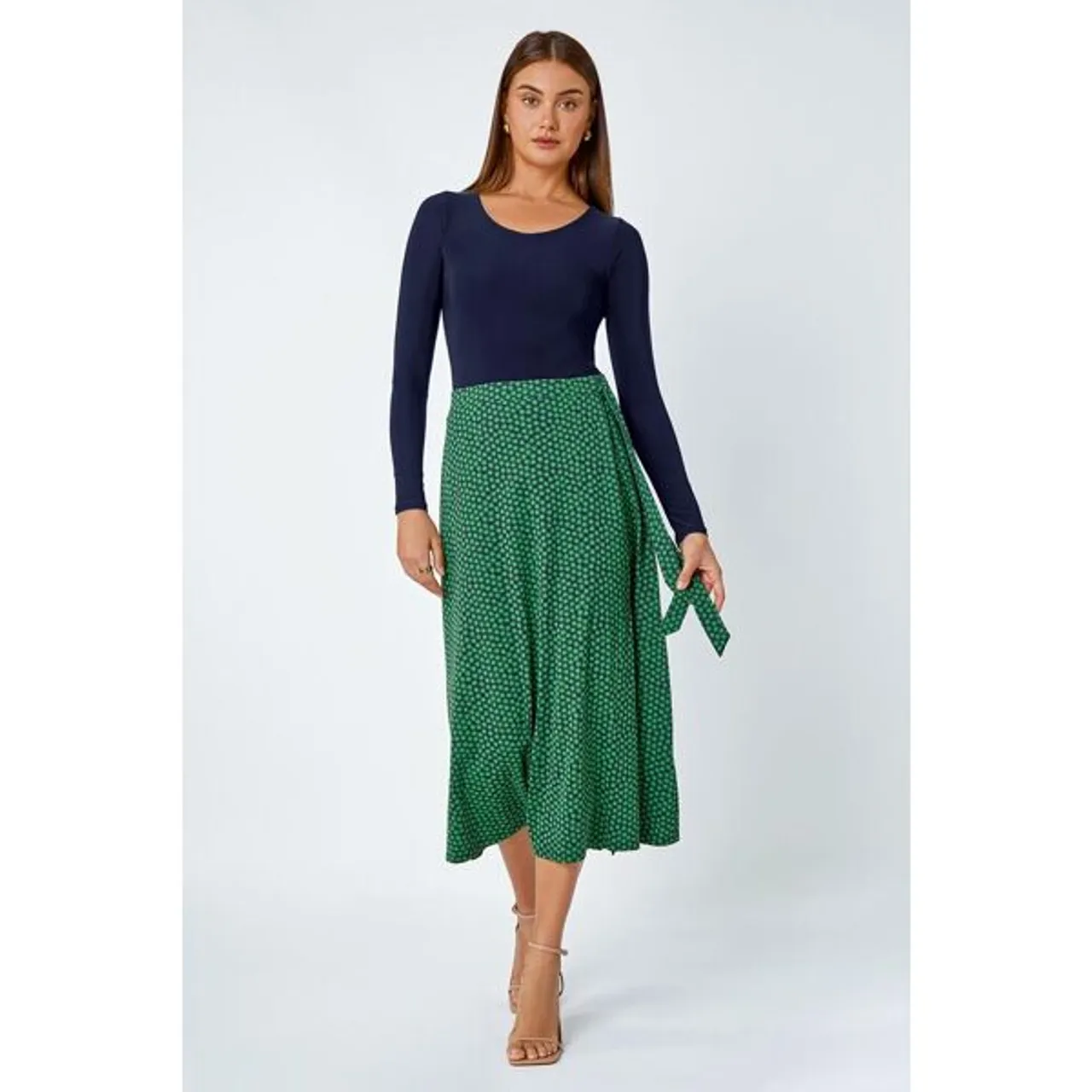 Roman Cotton Blend Spot Print Midi Wrap Skirt in Green 12 female