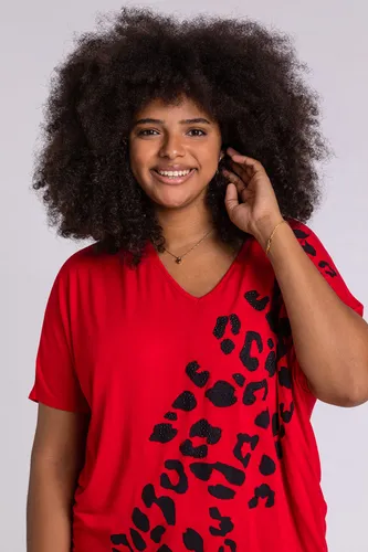 Roman Curve Curve Embellished Animal Print T-Shirt in Red 3032 female