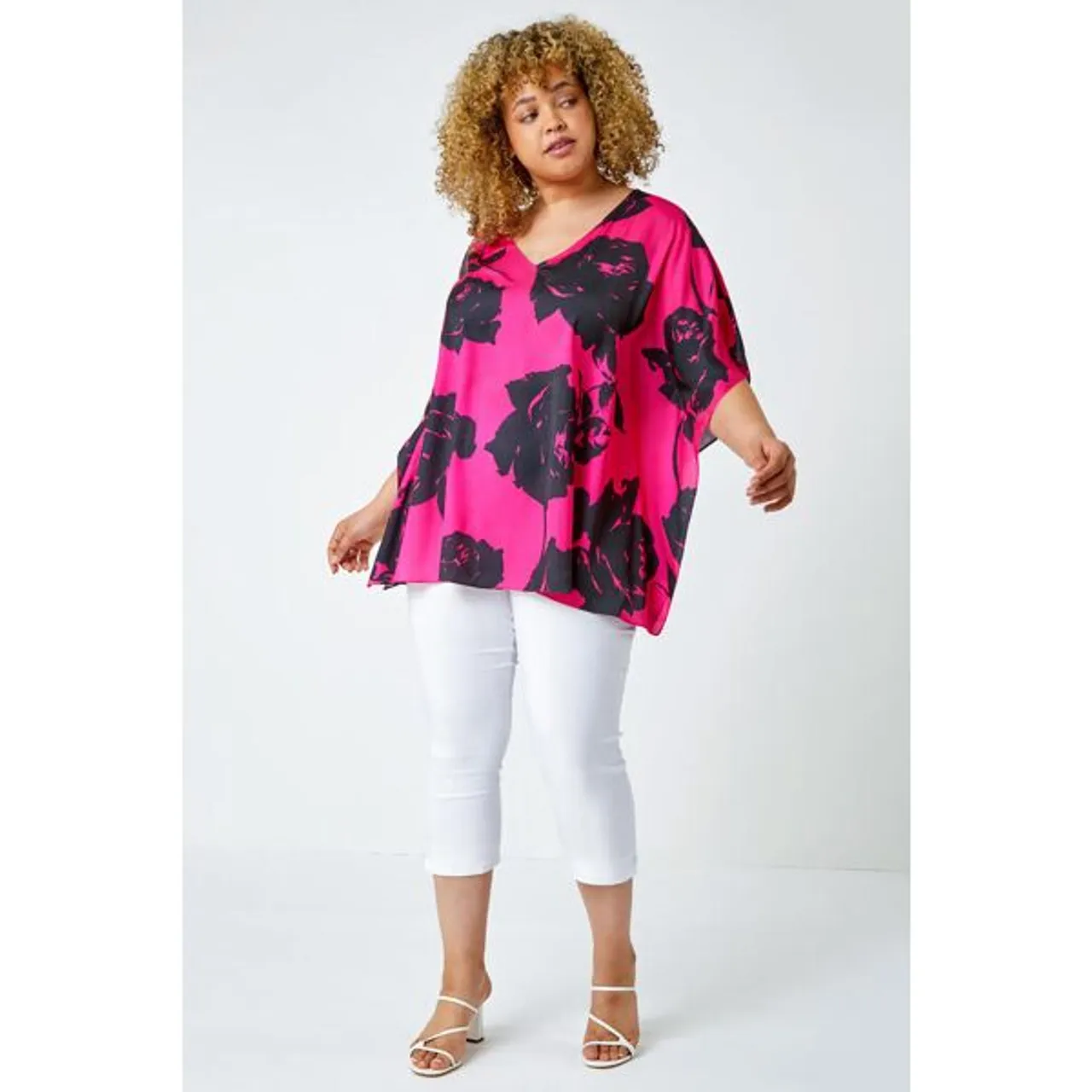 Roman Curve Curve Floral Print Chiffon Top in Pink 18 female