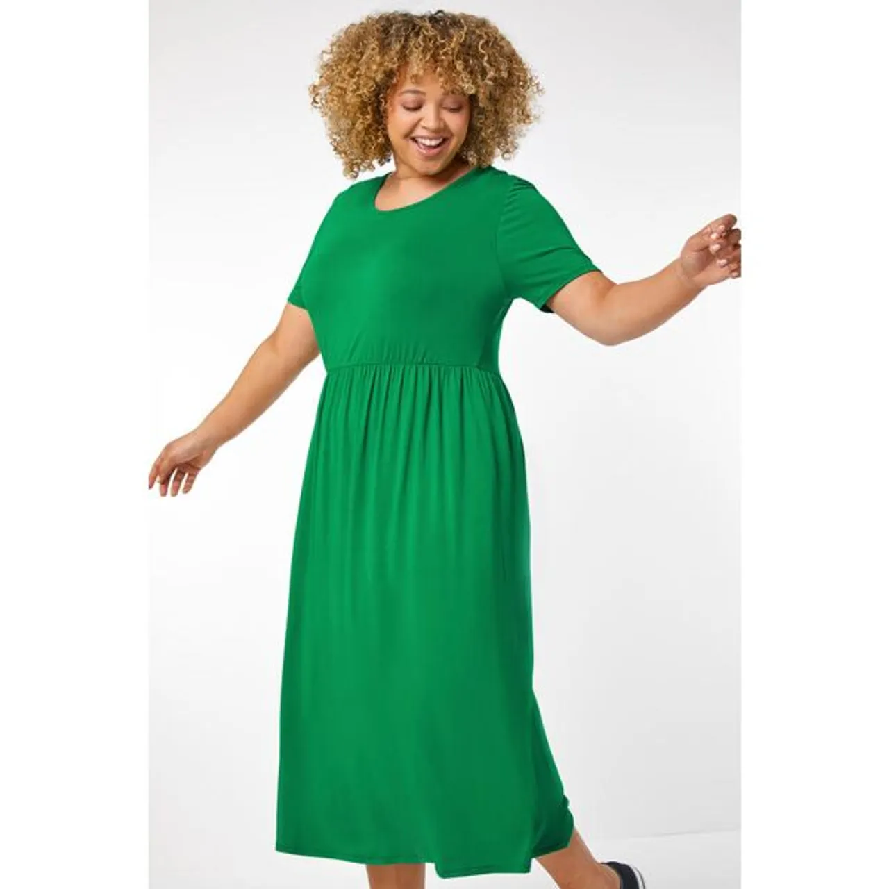 Roman Curve Curve Gathered Skirt Midi Stretch Dress in Green 3032 female