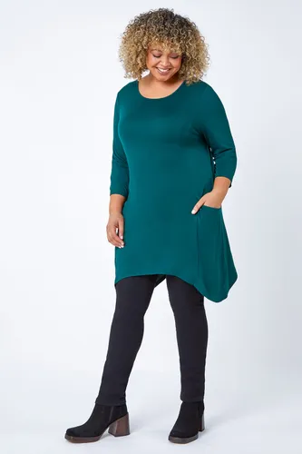 Roman Curve Curve Pocket Detail Stretch Tunic Top in Forest 18 female