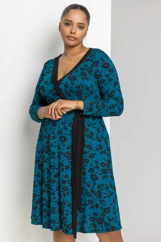 Roman Curve Roman Originals Curve Floral Contrast Print Wrap Dress in Petrol Blue - Size 3032 3032 female