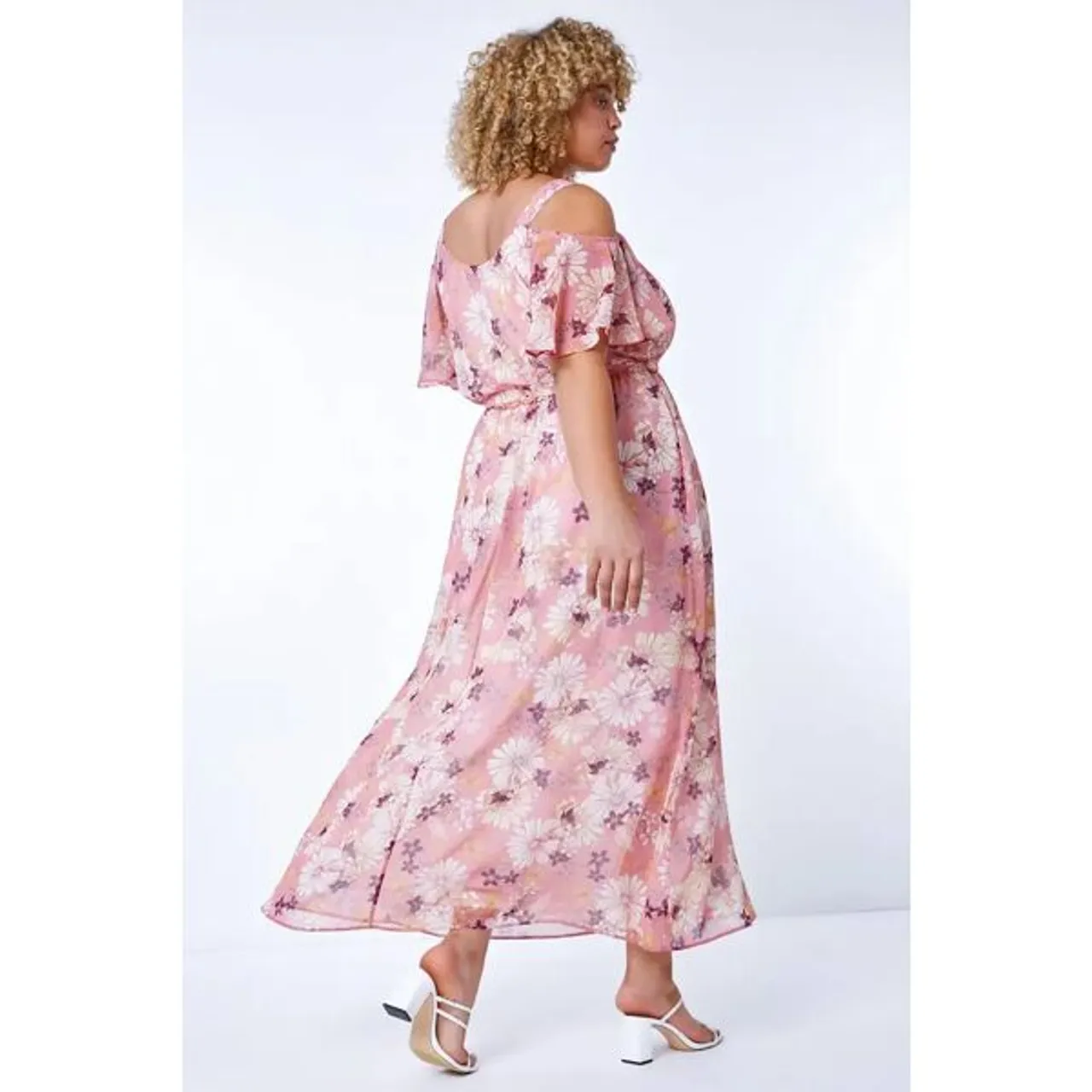 Roman Curve Roman Originals Curve Floral Print Cold Shoulder Maxi Dress in Pink - Size 3032 3032 female