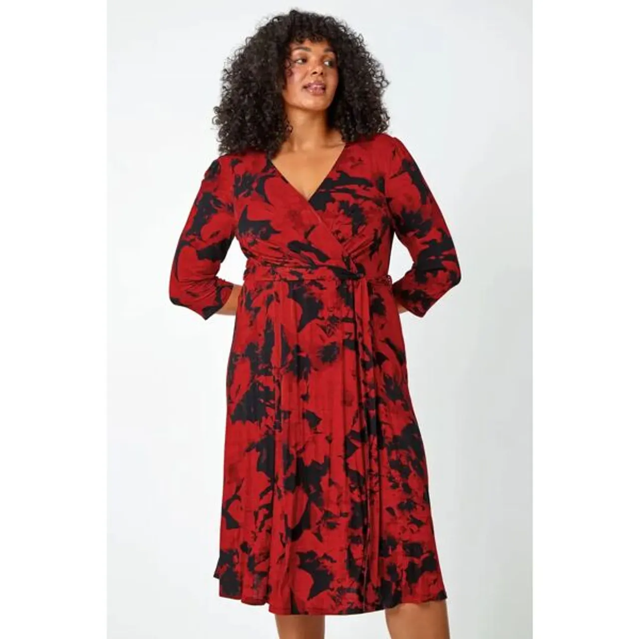 Roman Curve Roman Originals Curve Floral Wrap Stretch Midi Dress in Red - Size 2224 2224 female