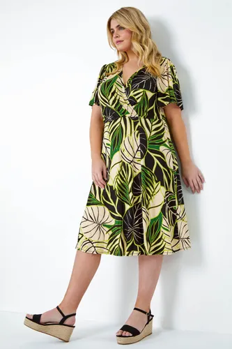 Roman Curve Roman Originals Curve Tropical Leaf Stretch Wrap Dress in Lime - Size 2224 2224 female