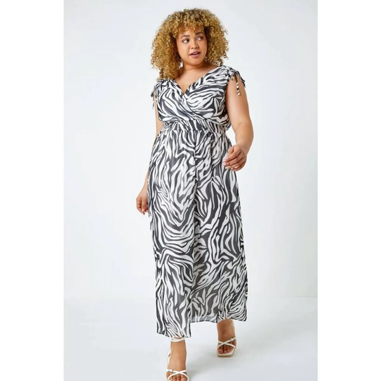 Roman Curve Roman Originals Curve Zebra Print Shirred Stretch Maxi Dress in Black - Size 3032 3032 female