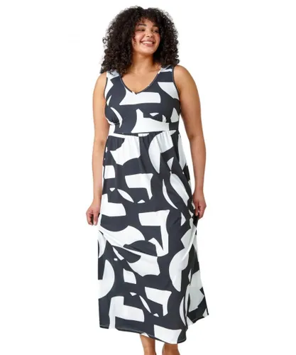 Roman Curve Womens Abstract Print Maxi Stretch Dress - Black