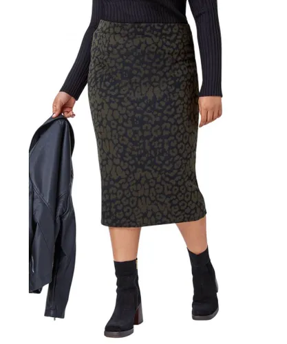 Roman Curve Womens Animal Print Midi Stretch Skirt - Khaki