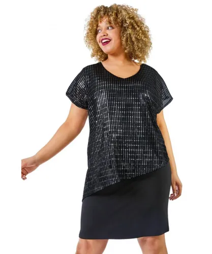 Roman Curve Womens Asymmetric Shimmer Overlay Dress - Black