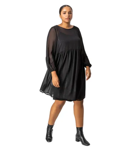 Roman Curve Womens Chiffon Shimmer Stripe Smock Dress - Black