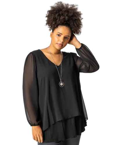 Roman Curve Womens Chiffon Top With Necklace - Black
