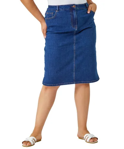 Roman Curve Womens Cotton A-Line Denim Skirt - Indigo Blue