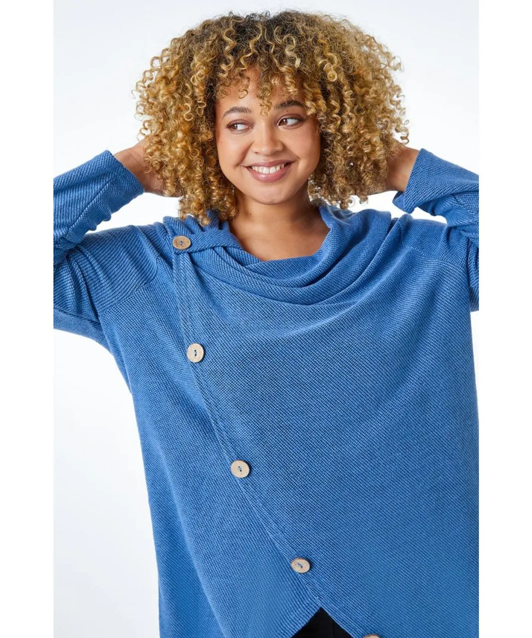 Roman Curve Womens Cowl Neck Button Wrap Top - Blue Acrylic/Polyester
