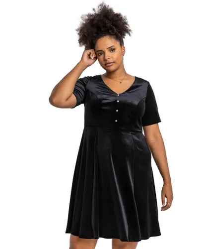 Roman Curve Womens Diamante Button Velvet Dress - Black