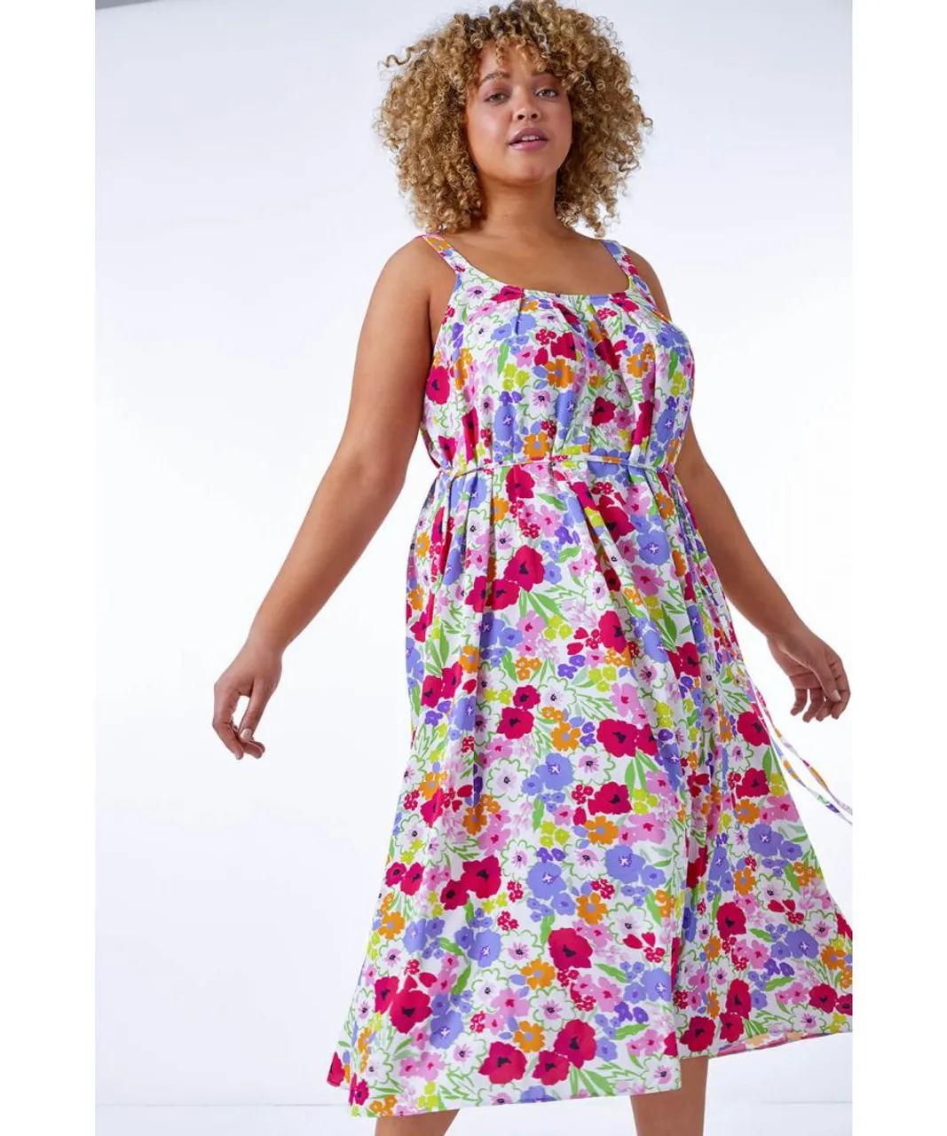 Roman Curve Womens Floral Belted Midi Dress - Ivory