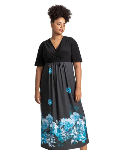 Roman Curve Womens Floral Border Print Maxi Dress - Blue