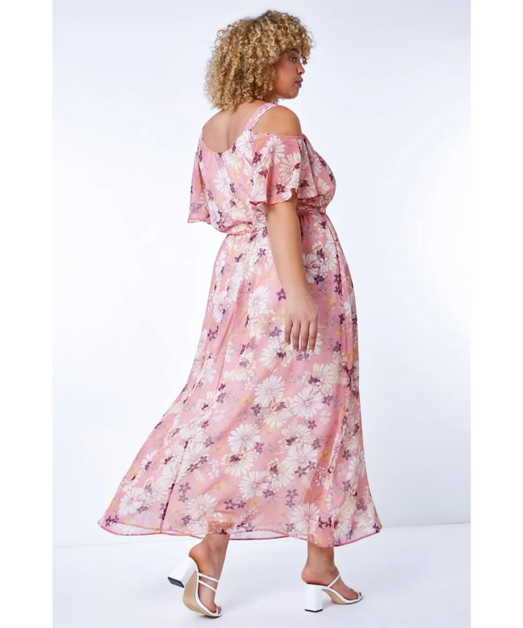 Roman Curve Womens Floral Print Cold Shoulder Maxi Dress - Pink