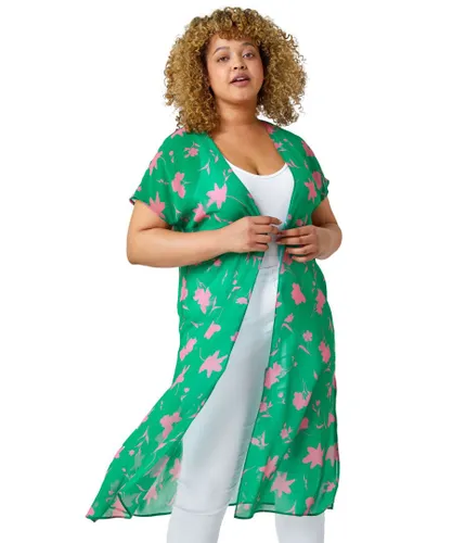 Roman Curve Womens Floral Print Longline Kimono - Green