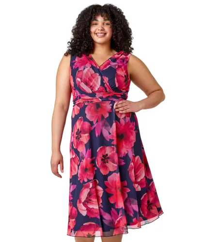Roman Curve Womens Floral Print Mesh Wrap Dress - Pink