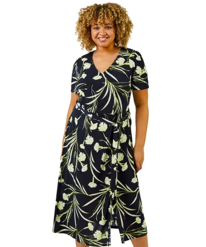 Roman Curve Womens Floral Print Midi Dress - Navy