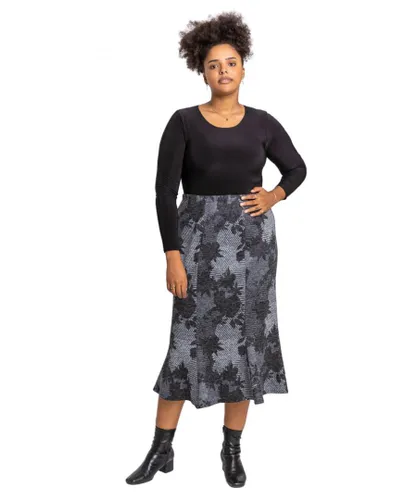 Roman Curve Womens Floral Print Midi Skirt - Grey
