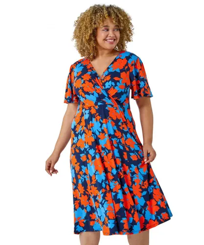 Roman Curve Womens Floral Print Midi Wrap Dress - Orange