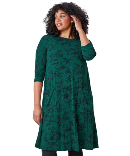 Roman Curve Womens Floral Print Swing Stretch Dress - Green