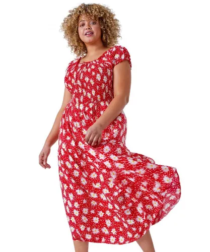 Roman Curve Womens Floral Shirred Bardot Dress - Red