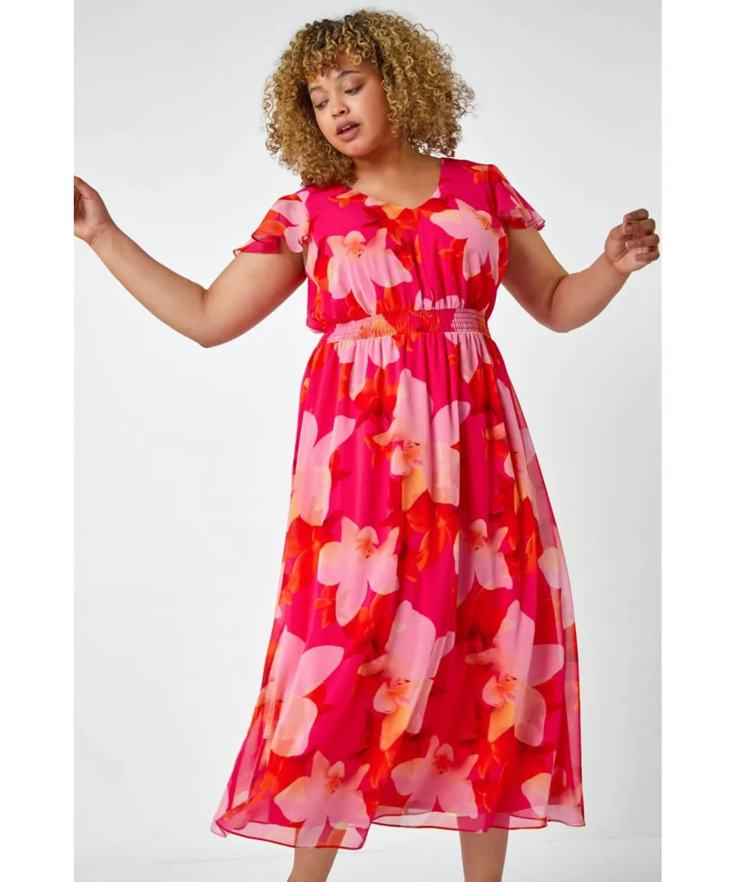 Roman Curve Womens Floral Shirred Maxi Dress - Pink
