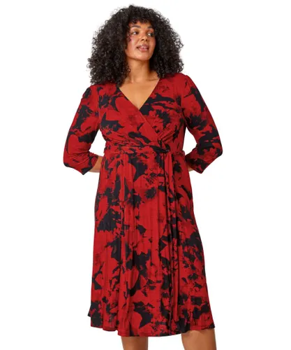Roman Curve Womens Floral Wrap Stretch Midi Dress - Red