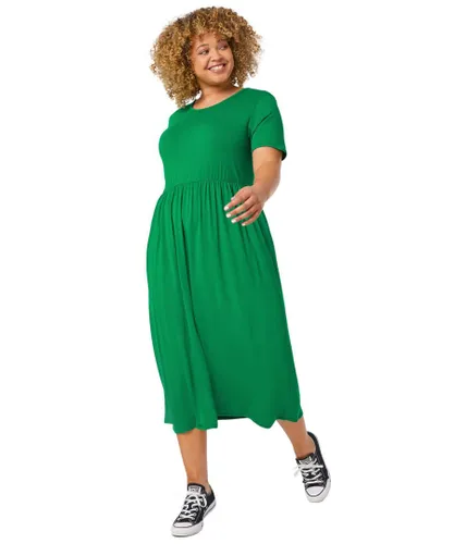 Roman Curve Womens Gathered Skirt Midi Stretch Dress - Green