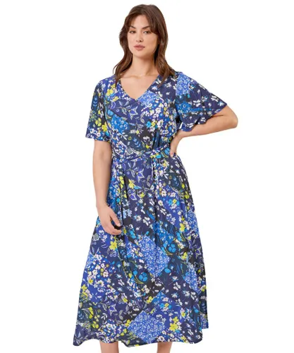 Roman Curve Womens Patchwork Floral Maxi Dress - Navy