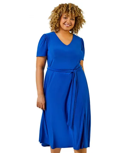 Roman Curve Womens Plain Fit And Flare Midi Dress - Blue