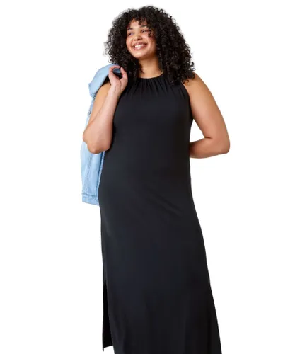 Roman Curve Womens Plain Stretch Jersey Maxi Dress - Black