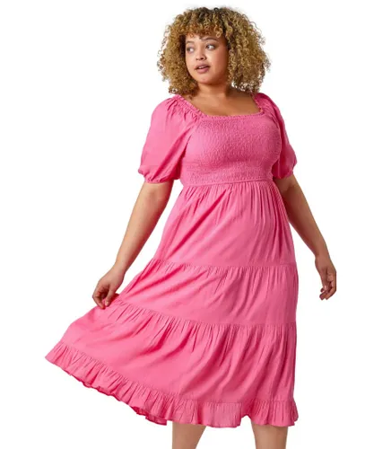Roman Curve Womens Shirred Tiered Midi Dress - Pink