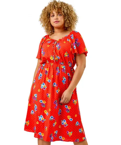 Roman Curve Womens Spot Floral Print Sweetheart Midi Dress - Red