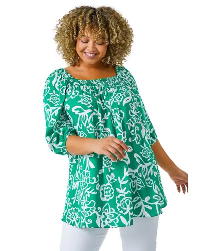 Roman Curve Womens Square Neck Floral Top - Green