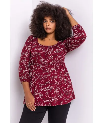Roman Curve Womens Square Neck Floral Top - Red