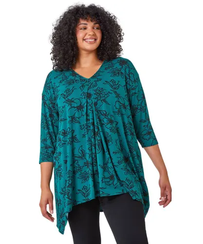 Roman Curve Womens Tie Back Floral Tunic Stretch Top - Green