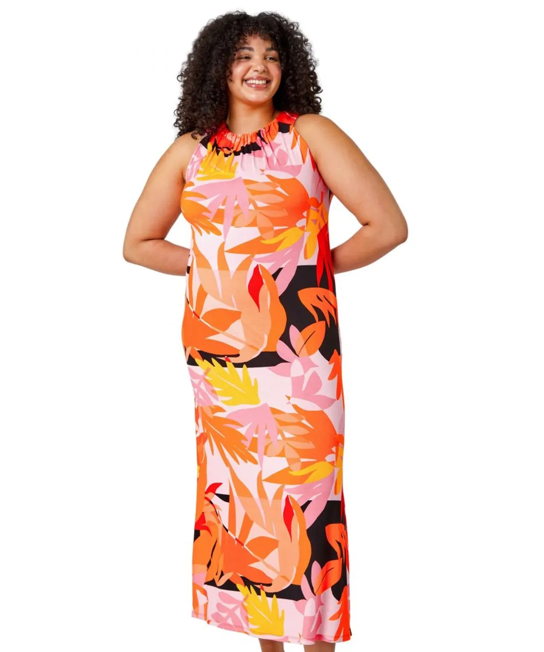 Roman Curve Womens Tropical Stretch Jersey Maxi Dress - Orange