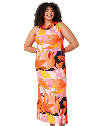 Roman Curve Womens Tropical Stretch Jersey Maxi Dress - Orange