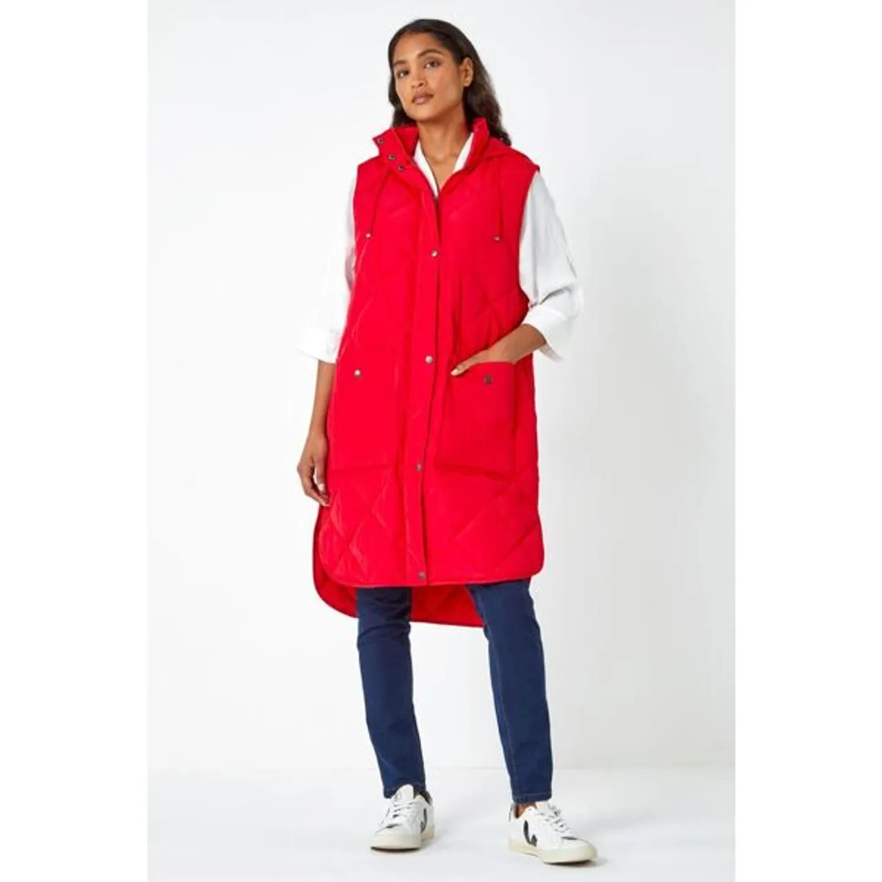 Roman Diamond Quilted Longline Gilet in Red 12 female