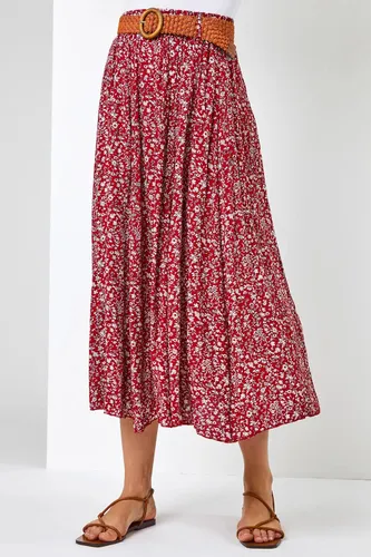 Roman Ditsy Floral Belted Midi Skirt in Red 14 female
